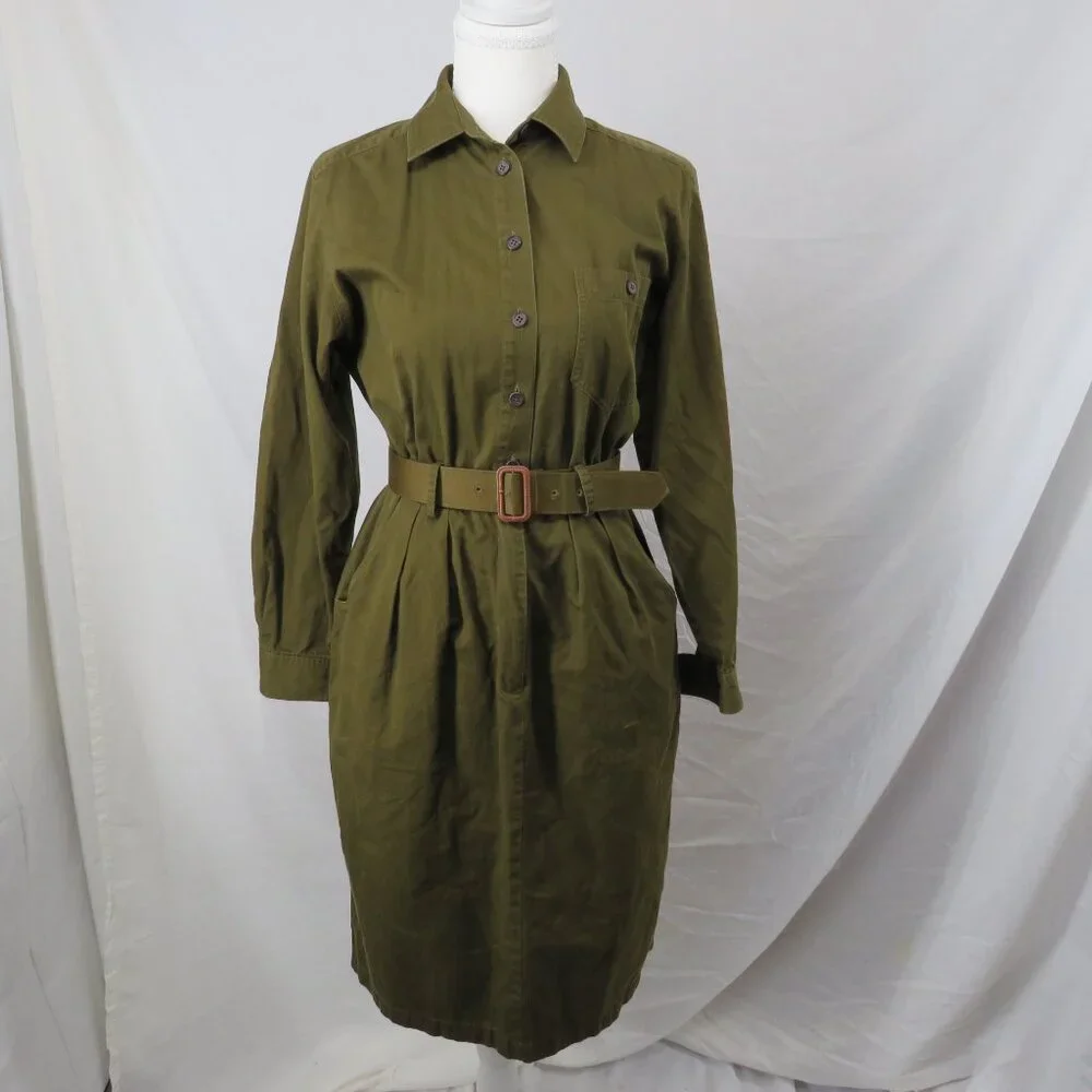 Vintage Charter Club Petites Olive Green Utility Shirt Dress | Size 10P xs/s - Picture 1 of 5